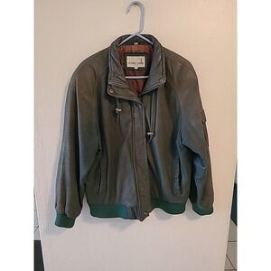VTG Donna Pelle Men Large Green Genuine Leather Bomber Jacket Pockets Zipper